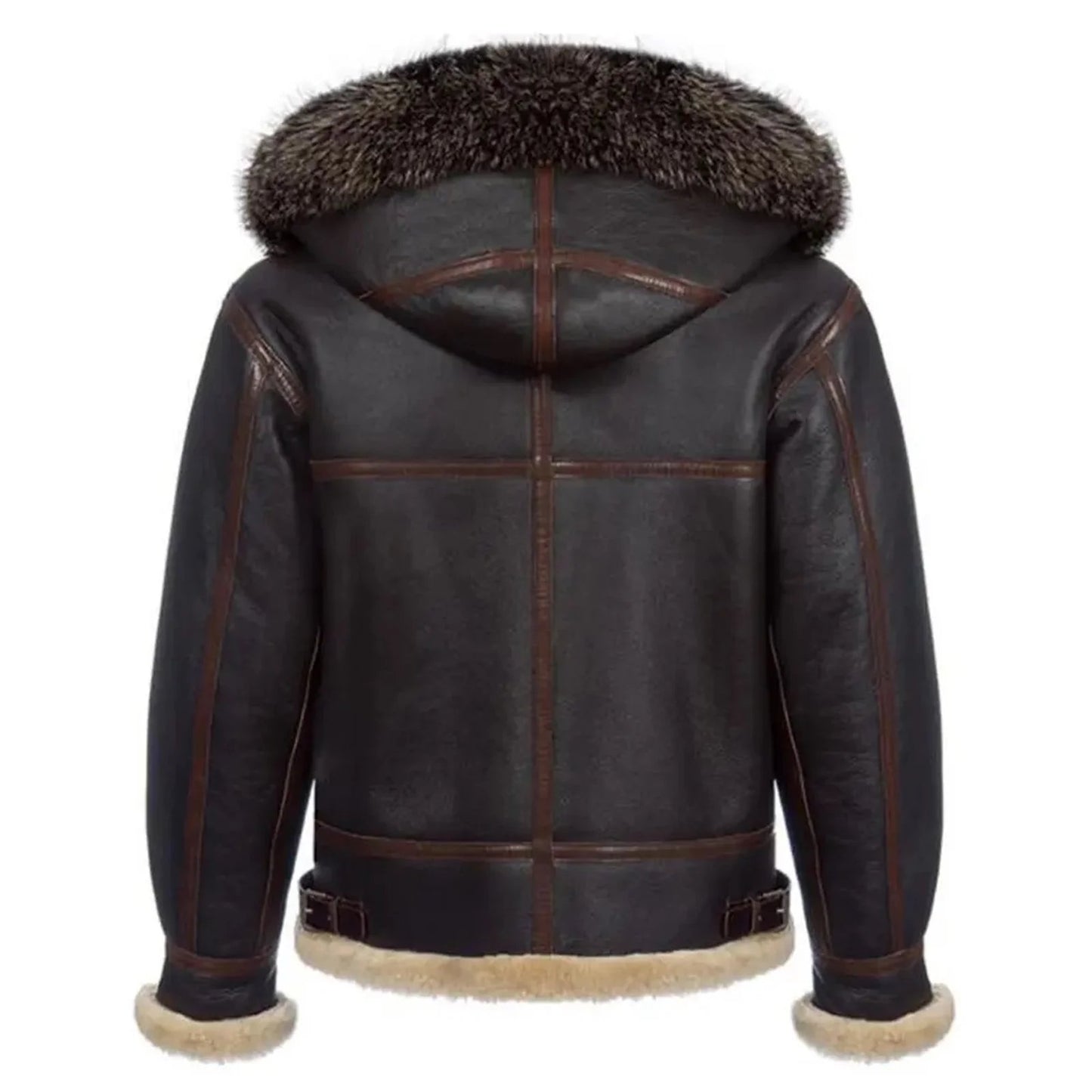 Mens Brown Sheepskin Hooded B3 Bomber Shearling Leather Jacket-WW2-style B3 bomber jacket for men – genuine sheepskin leather, vintage RAF aviator design with warm shearling lining.