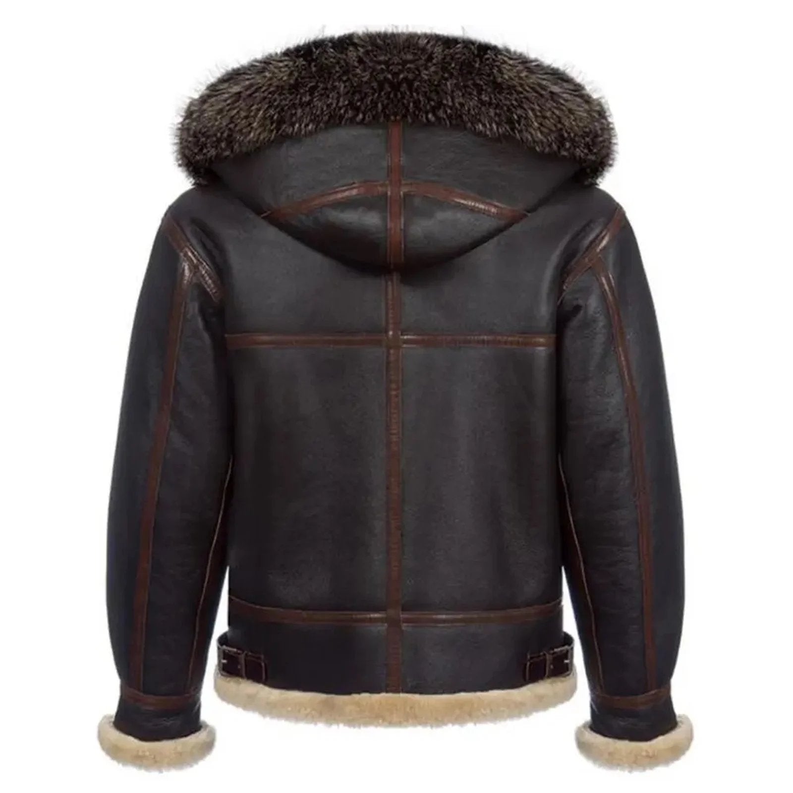 Mens Brown Sheepskin Hooded B3 Bomber Shearling Leather Jacket-WW2-style B3 bomber jacket for men – genuine sheepskin leather, vintage RAF aviator design with warm shearling lining.