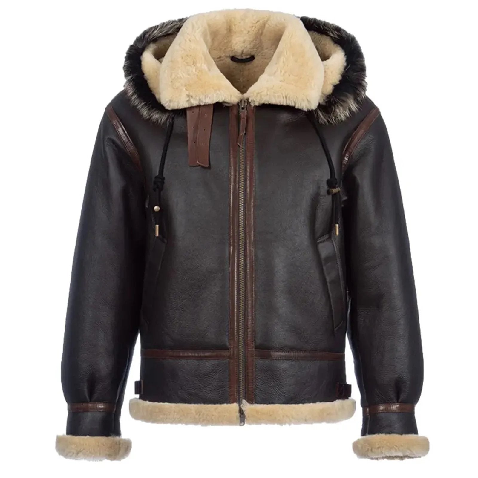 Mens Brown Sheepskin Hooded B3 Bomber Shearling Leather Jacket-WW2-style B3 bomber jacket for men – genuine sheepskin leather, vintage RAF aviator design with warm shearling lining.