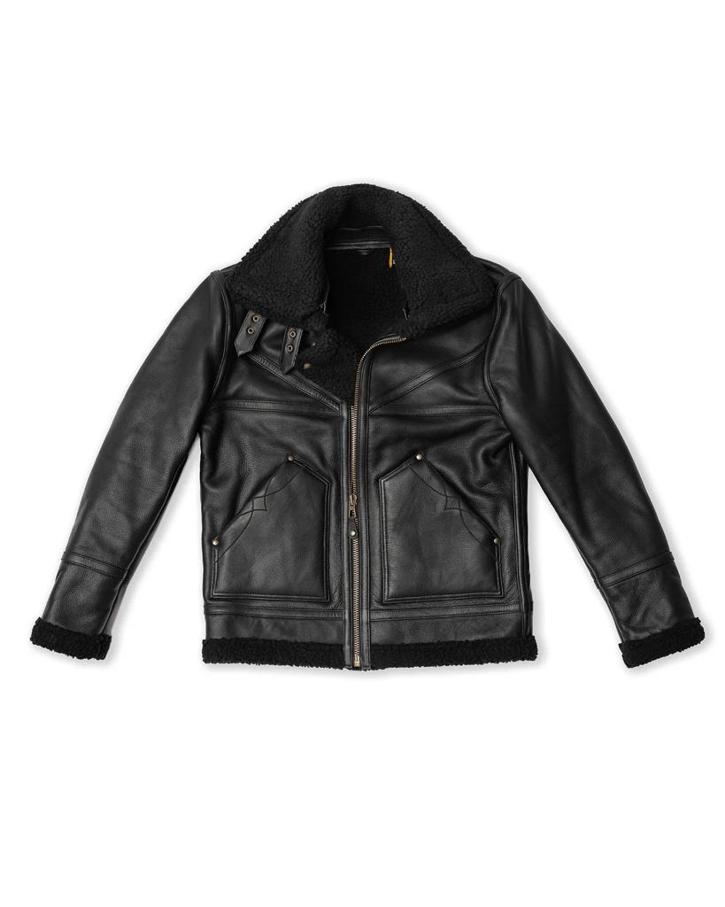 Mens Aviator Black Sheepskin Shearling Leather Cowboy Vintage Western Jacket-Men’s black shearling leather aviator jacket – vintage western bomber with sheepskin lining, cowboy style and shearling collar.