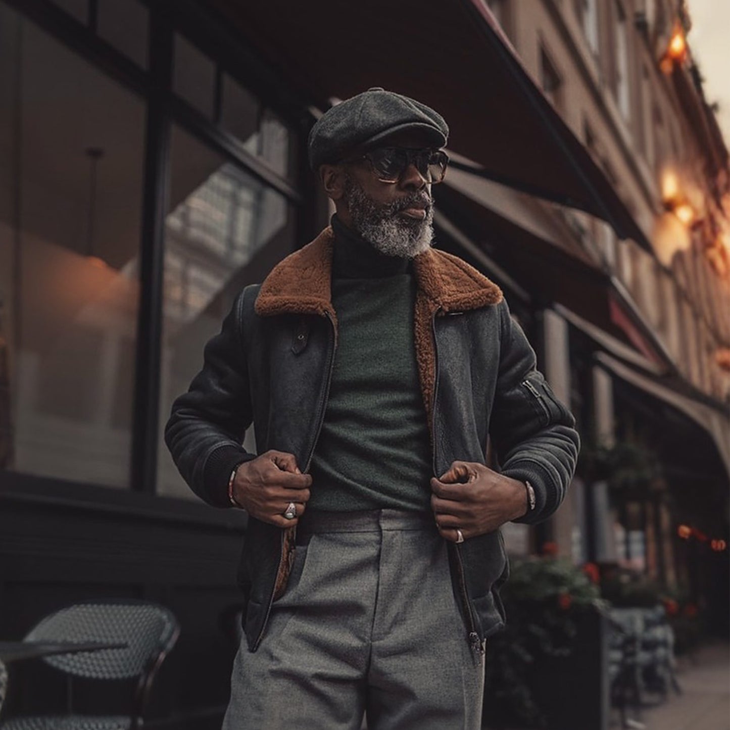 Mens Vintage Black Aviator Bomber Sheepskin Shearling Leather Jacket​-Black leather shearling jacket for men – vintage aviator, bomber, or moto style with genuine sheepskin and shearling collar.