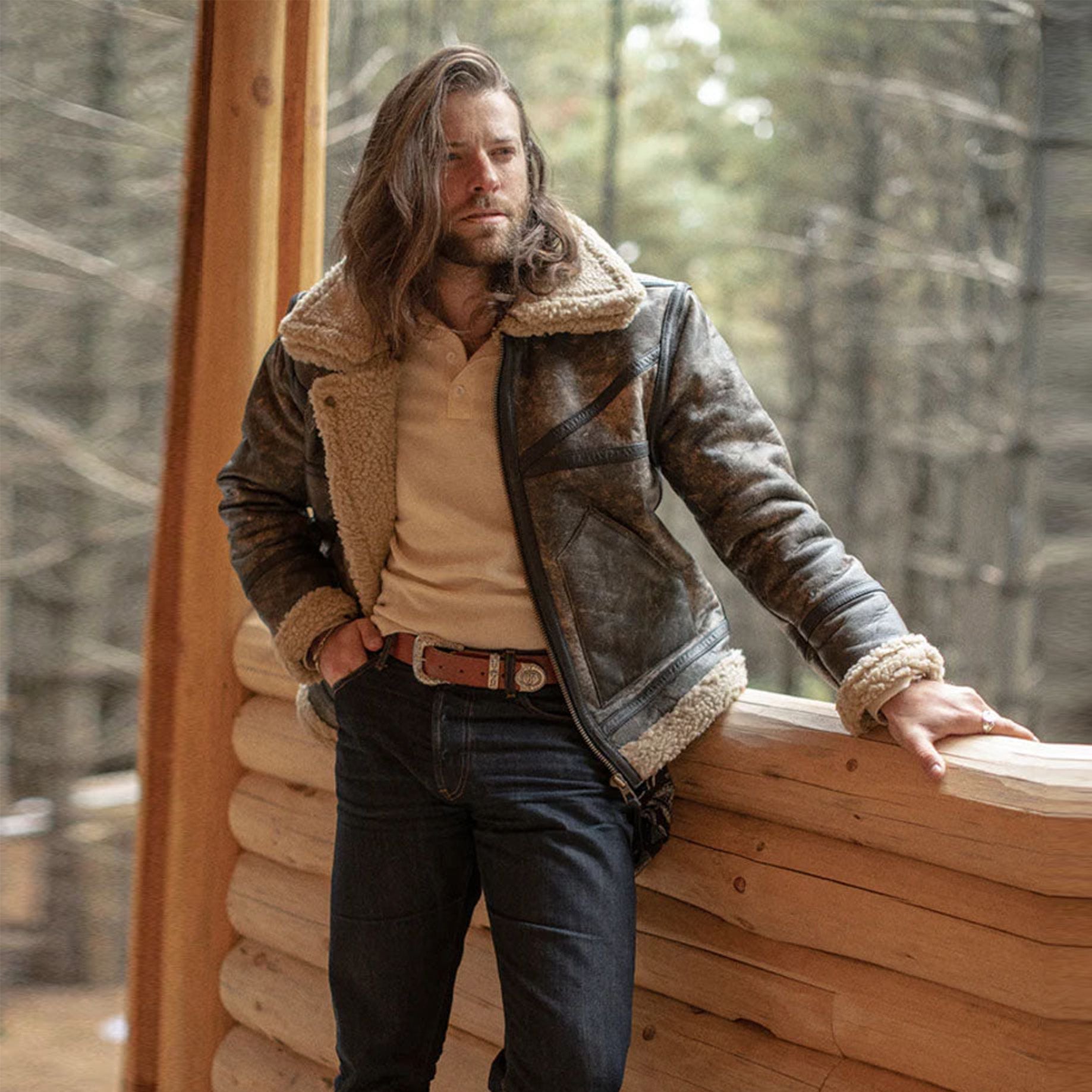 Men's Brown Genuine Leather Shearling Jacket​-sheepskin aviator bomber coat, vintage flight jacket style, warm winter outerwear.