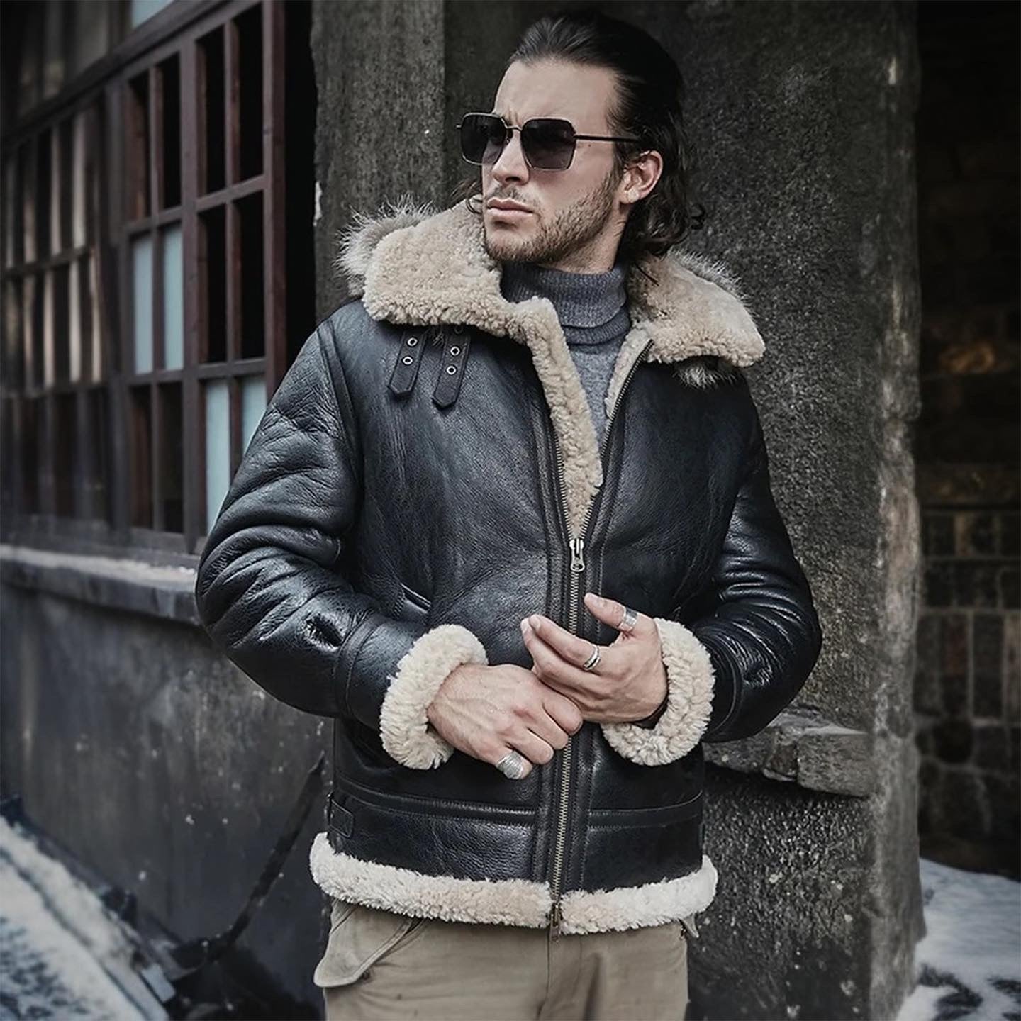 Mens Vintage Black Aviator Pilot Fur Hooded Shearling Leather Jacket-Men’s hooded shearling leather jacket – black vintage aviator style with sheepskin lining, fur hood, and bomber design.