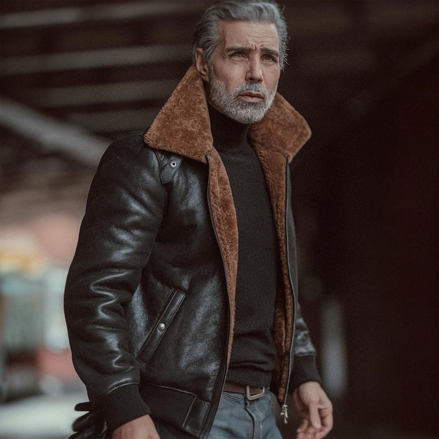 Mens Vintage Black Aviator Bomber Sheepskin Shearling Leather Jacket​-Black leather shearling jacket for men – vintage aviator, bomber, or moto style with genuine sheepskin and shearling collar.