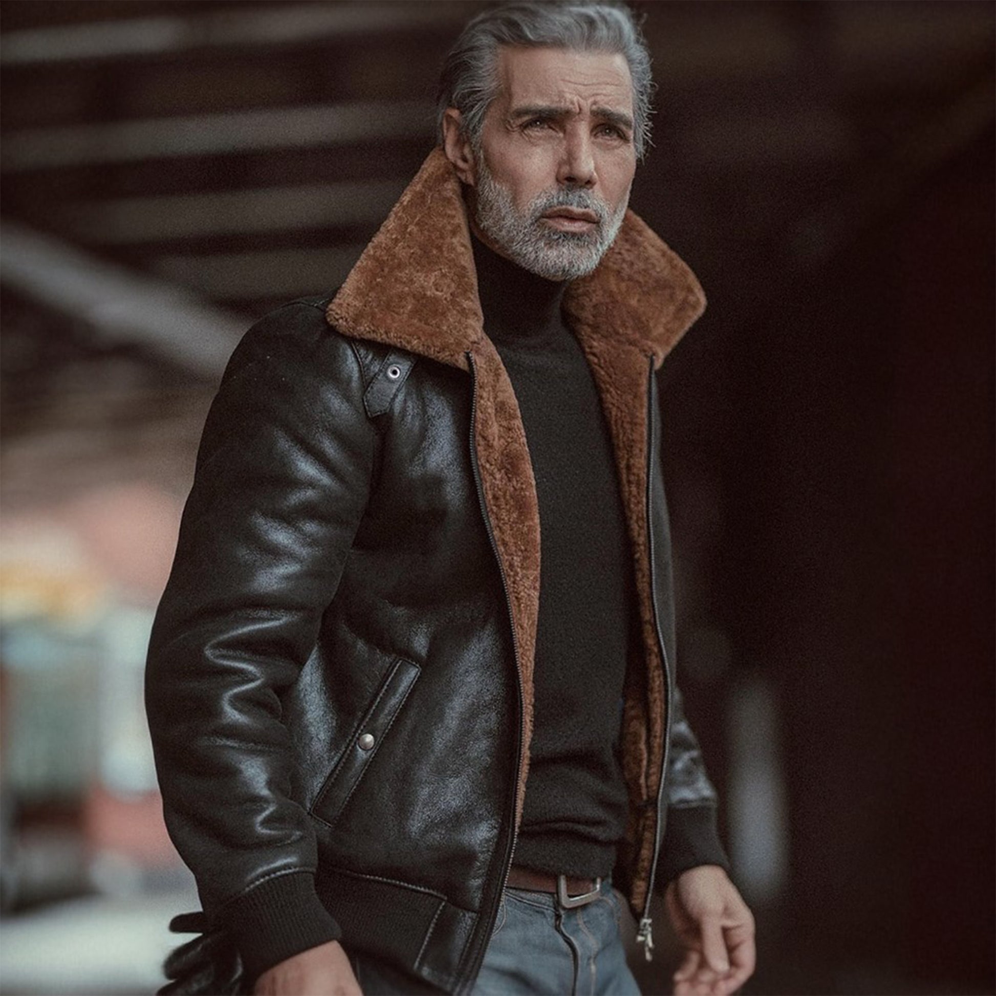 Mens Vintage Black Aviator Bomber Sheepskin Shearling Leather Jacket​-Black leather shearling jacket for men – vintage aviator, bomber, or moto style with genuine sheepskin and shearling collar.