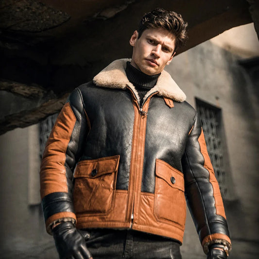 Mens Vintage Aviator Shearling Flying B3 Sheepskin Leather Bomber Jacket-B3 bomber jacket for men crafted from real sheepskin leather, featuring warm shearling lining and classic WW2 aviator design.