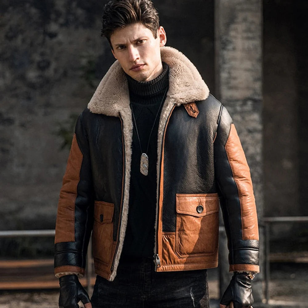 Mens Vintage Aviator Shearling Flying B3 Sheepskin Leather Bomber Jacket-B3 bomber jacket for men crafted from real sheepskin leather, featuring warm shearling lining and classic WW2 aviator design.