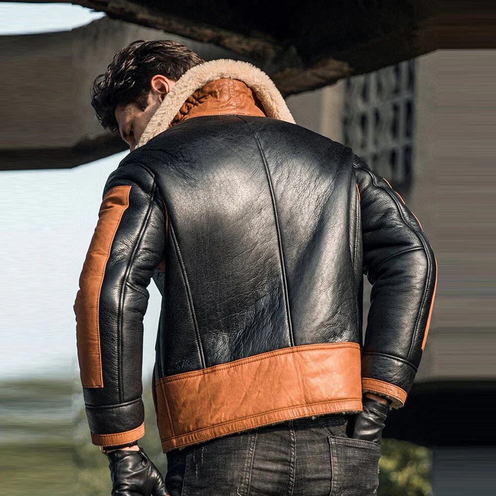 Mens Vintage Aviator Shearling Flying B3 Sheepskin Leather Bomber Jacket-B3 bomber jacket for men crafted from real sheepskin leather, featuring warm shearling lining and classic WW2 aviator design.