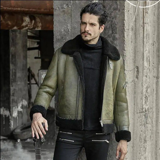 Mens B3 Flight Jacket Shearling​ Aviator Green Leather Bomber Jacket​