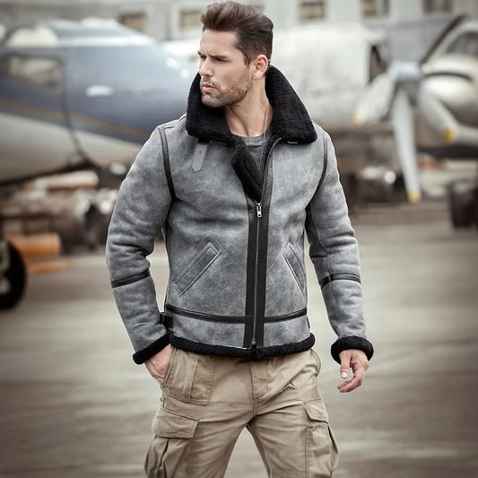 Mens B3 Bomber Aviator Flight Gray Shearling​ Sheepskin Leather Jacket​ Coat