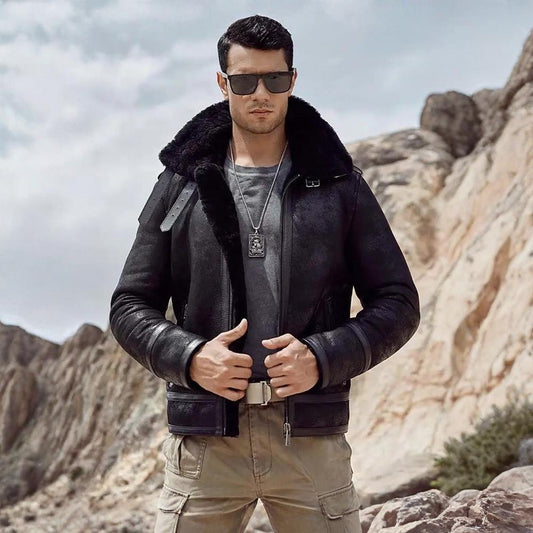 Mens Black Aviator Flight Vintage Sheepskin Shearling B3 Bomber Jacket