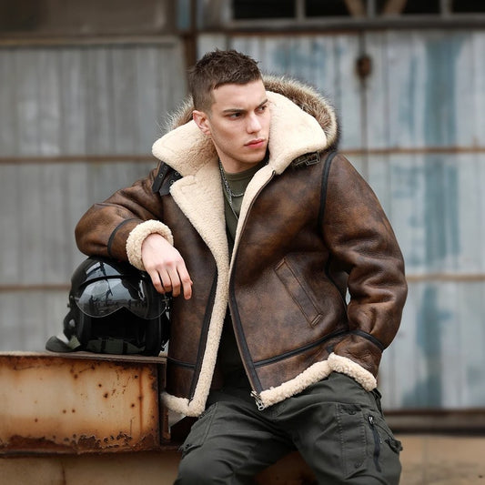 Mens Vintage Brown Flight Aviator Hooded Shearling Sheepskin B3 Bomber Jacket