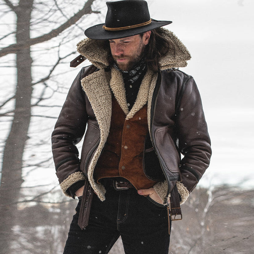 Mens​ Vintage Cowboy Aviator Bomber Genuine Sheepskin Shearling Brown Leather Jacket-Men’s brown vintage shearling leather aviator jacket – genuine sheepskin bomber with retro style and shearling collar.