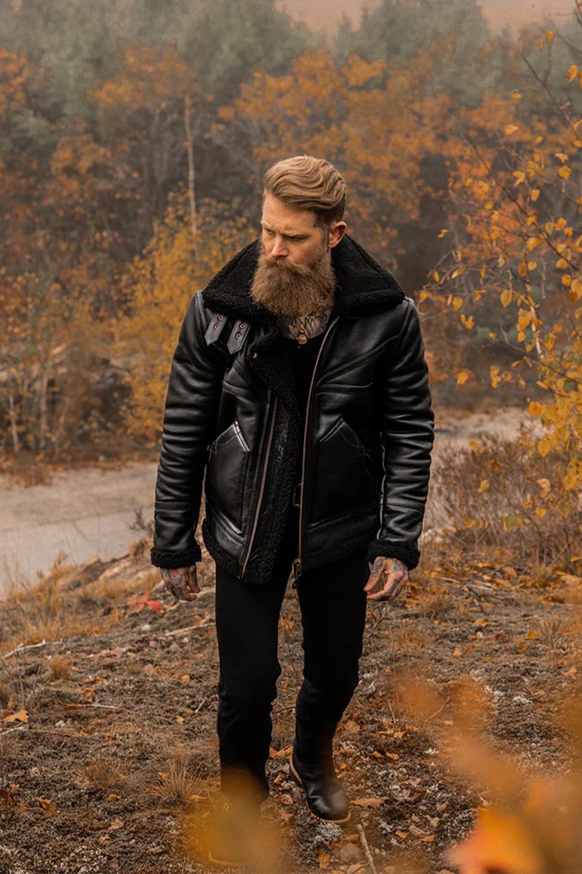 Mens Aviator Black Sheepskin Shearling Leather Cowboy Vintage Western Jacket-Men’s black shearling leather aviator jacket – vintage western bomber with sheepskin lining, cowboy style and shearling collar.