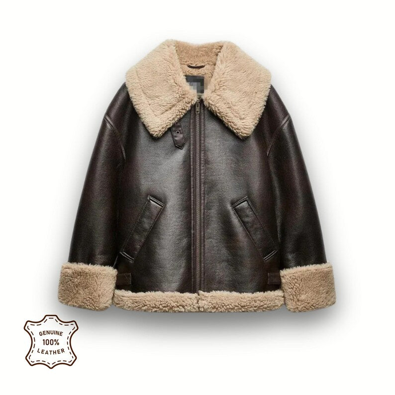 Women Oversized Vintage Dark Brown Shearling Leather Jacket