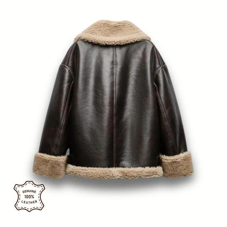 Women Oversized Vintage Dark Brown Shearling Leather Jacket