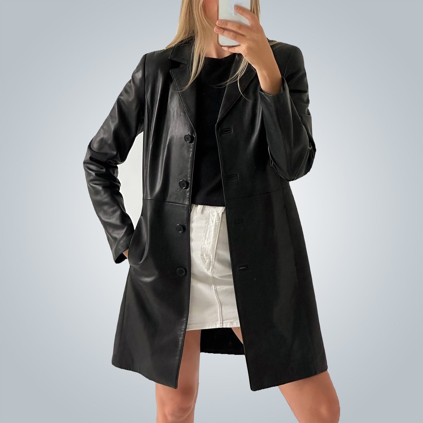 1990s Vintage Handmade Black Real Leather Trench Coat: Classic Long Coat