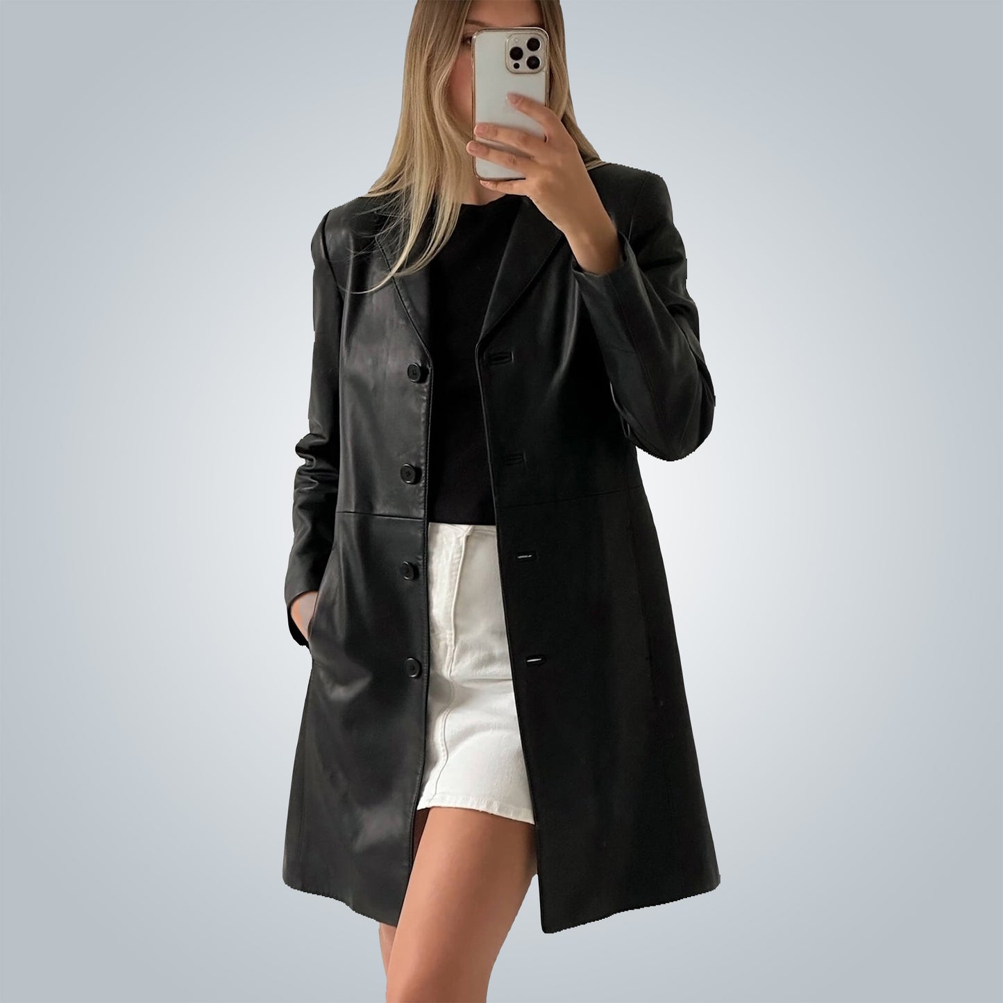 1990s Vintage Handmade Black Real Leather Trench Coat: Classic Long Coat