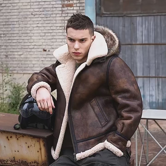 Mens Vintage Brown Flight Aviator Hooded Shearling Sheepskin B3 Bomber Jacket