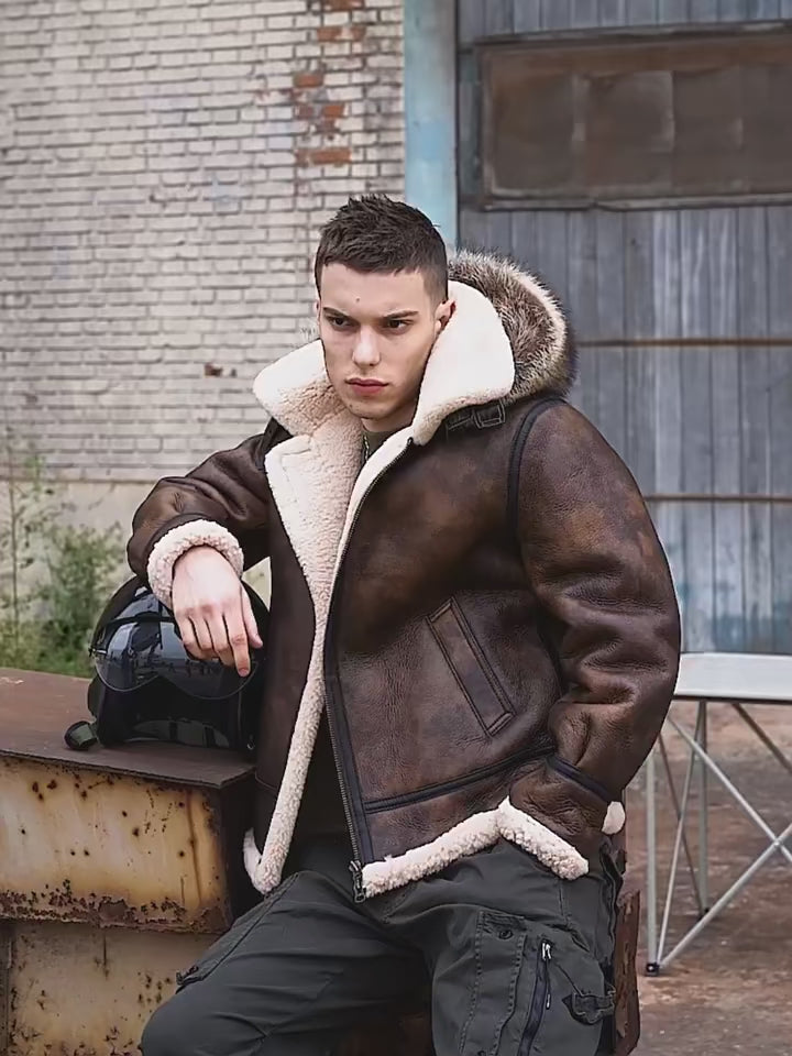 Mens Vintage Brown Flight Aviator Hooded Shearling Sheepskin B3 Bomber Jacket