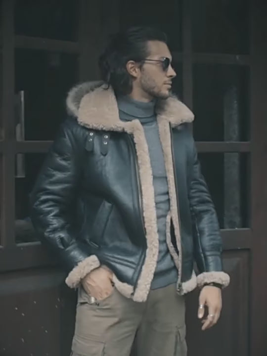 Mens Vintage Aviator Flight Sheepskin Brown Genuine Leather Shearling Jacket​-Hooded brown leather shearling jacket – vintage 70s bomber style with sheepskin lining, shearling collar, and retro design.