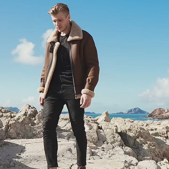 Mens Vintage Brown Genuine Sheepskin Leather Shearling Aviator Jacket​-Men’s vintage brown shearling leather jacket – aviator bomber with sheepskin collar, retro flight style, and genuine leather.