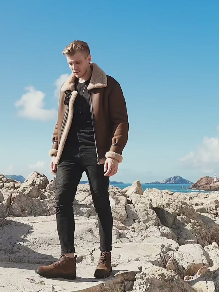 Mens Vintage Brown Genuine Sheepskin Leather Shearling Aviator Jacket​-Men’s vintage brown shearling leather jacket – aviator bomber with sheepskin collar, retro flight style, and genuine leather.