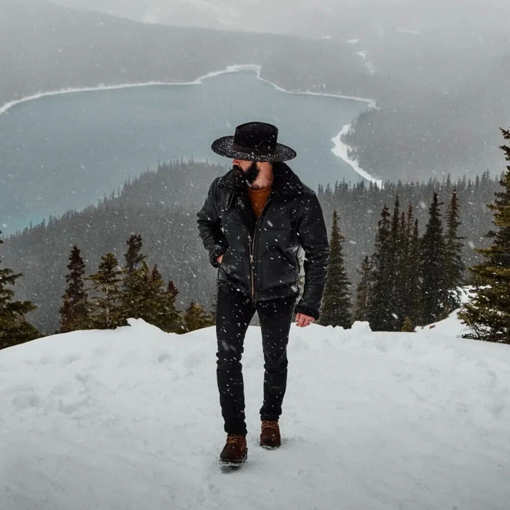 Mens Aviator Black Sheepskin Shearling Leather Cowboy Vintage Western Jacket-Men’s black shearling leather aviator jacket – vintage western bomber with sheepskin lining, cowboy style and shearling collar.