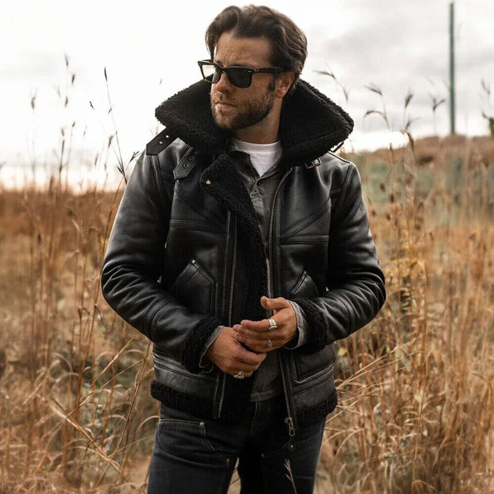 Mens Aviator Black Sheepskin Shearling Leather Cowboy Vintage Western Jacket-Men’s black shearling leather aviator jacket – vintage western bomber with sheepskin lining, cowboy style and shearling collar.