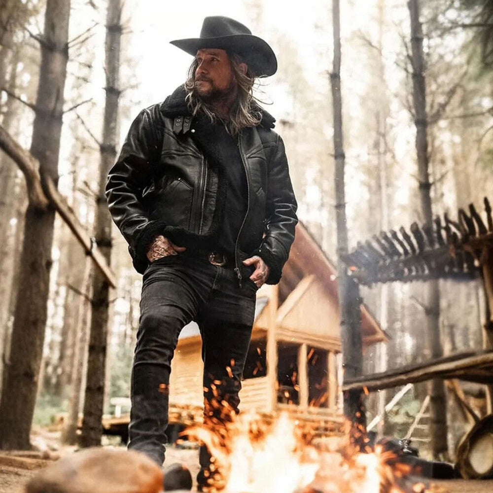 Mens Aviator Black Sheepskin Shearling Leather Cowboy Vintage Western Jacket-Men’s black shearling leather aviator jacket – vintage western bomber with sheepskin lining, cowboy style and shearling collar.