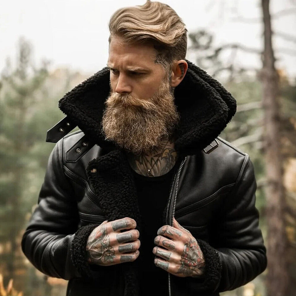 Mens Aviator Black Sheepskin Shearling Leather Cowboy Vintage Western Jacket-Men’s black shearling leather aviator jacket – vintage western bomber with sheepskin lining, cowboy style and shearling collar.