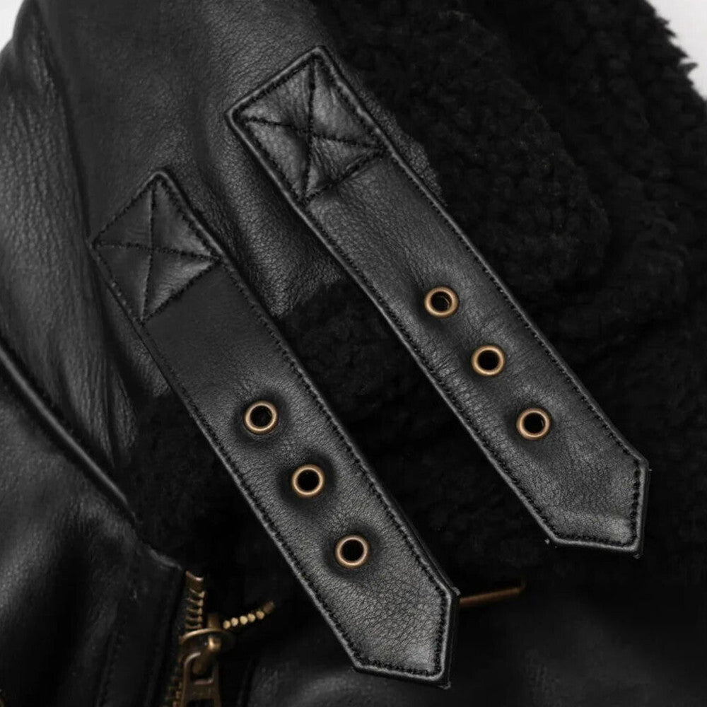 Mens Aviator Black Sheepskin Shearling Leather Cowboy Vintage Western Jacket-Men’s black shearling leather aviator jacket – vintage western bomber with sheepskin lining, cowboy style and shearling collar.