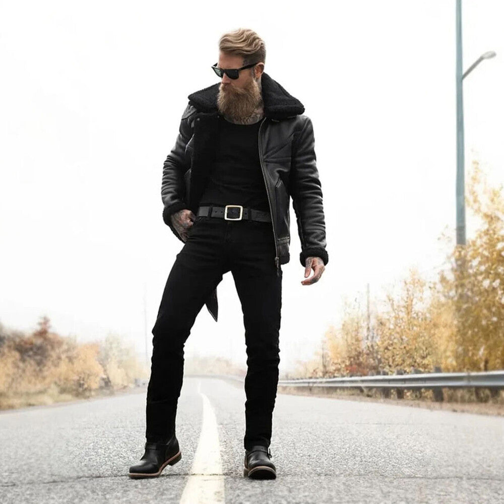 Mens Aviator Black Sheepskin Shearling Leather Cowboy Vintage Western Jacket-Men’s black shearling leather aviator jacket – vintage western bomber with sheepskin lining, cowboy style and shearling collar.