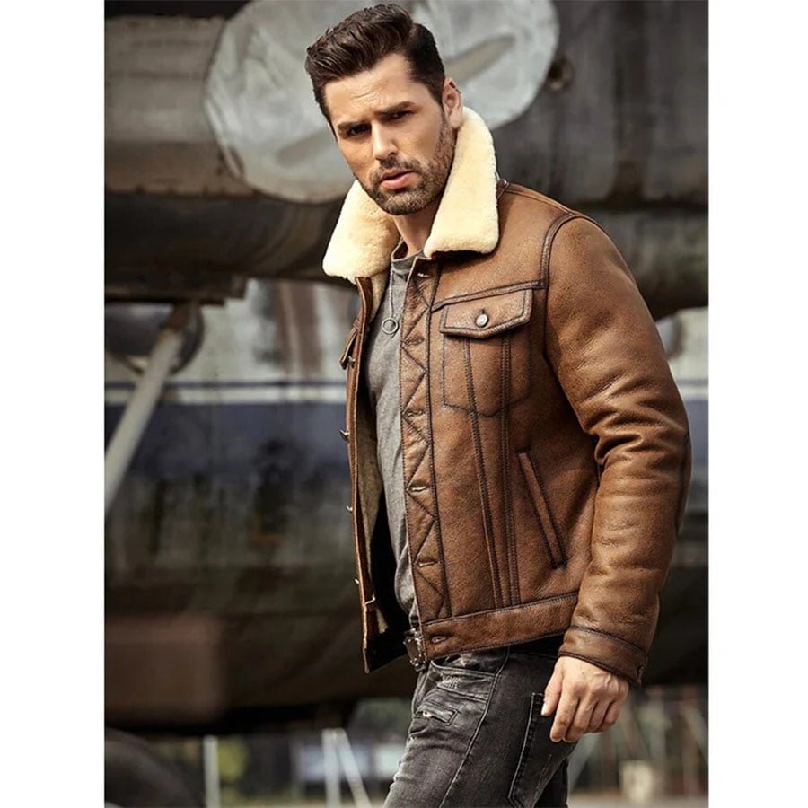 shearling jacket-faux shearling jacket-shearling jacket mens-shearling leather jacket,brown coat,brown leather jacket,trucker leather jacket,brown trucker coat