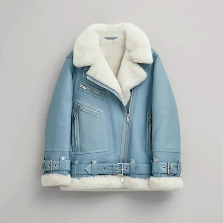 women shearling jackets-shearling coat womens-women's shearling biker jacket-shearling coat women's-shearling leather jacket women's-leather jacket with shearling-Women Light Blue B3 RAF Aviator Sheepskin Shearling Leather Jacket Coat