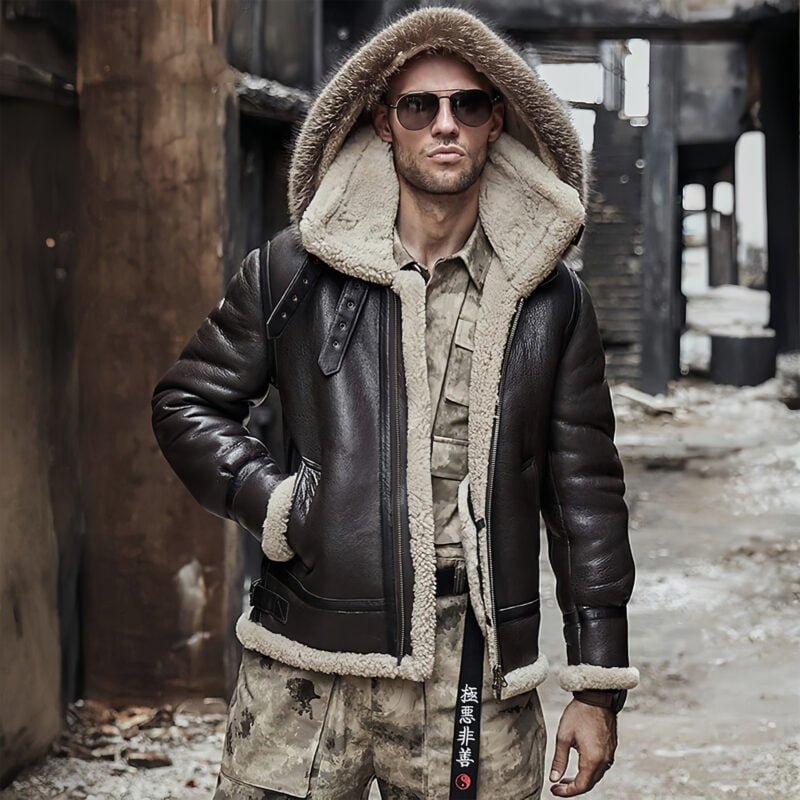 shearling jacket-shearling jacket mens-shearling leather jacket-shearling jacket-shearling coat-shearling-hooded shearling jacket-hooded shearling coat-Mens Brown RAF B6 Airforce Sheepskin Hooded Shearling Leather Jacket Coat