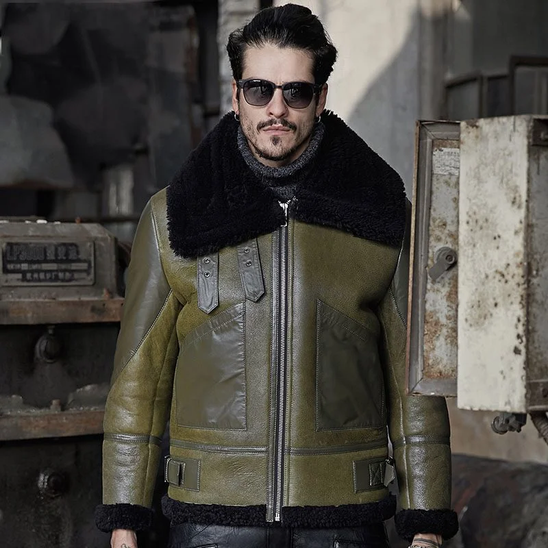 Mens Green Aviator Sheepskin Shearling B3 Bomber Leather Jacket Coat